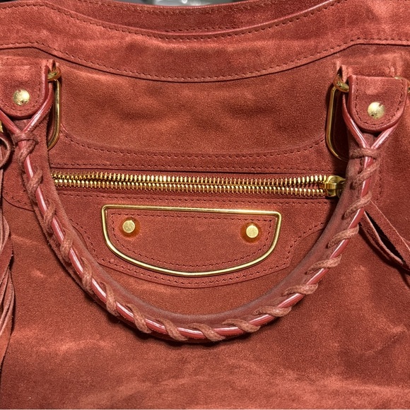 Auth Balenciaga Suede City Bag Brick brown metallic edge medium Strap RARE - Picture 7 of 13